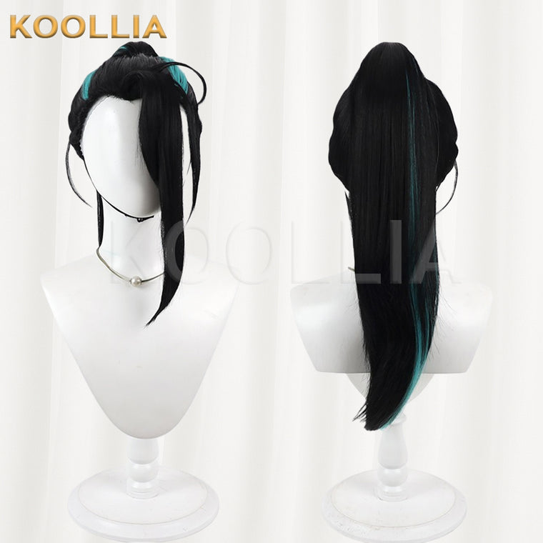 Touken Ranbu Namiheyasu Wig Jet‑Black With Teal‑Blue Highlights Mechanism Hairline Scalp Top Bun Detachable Ponytail Basic Wig
