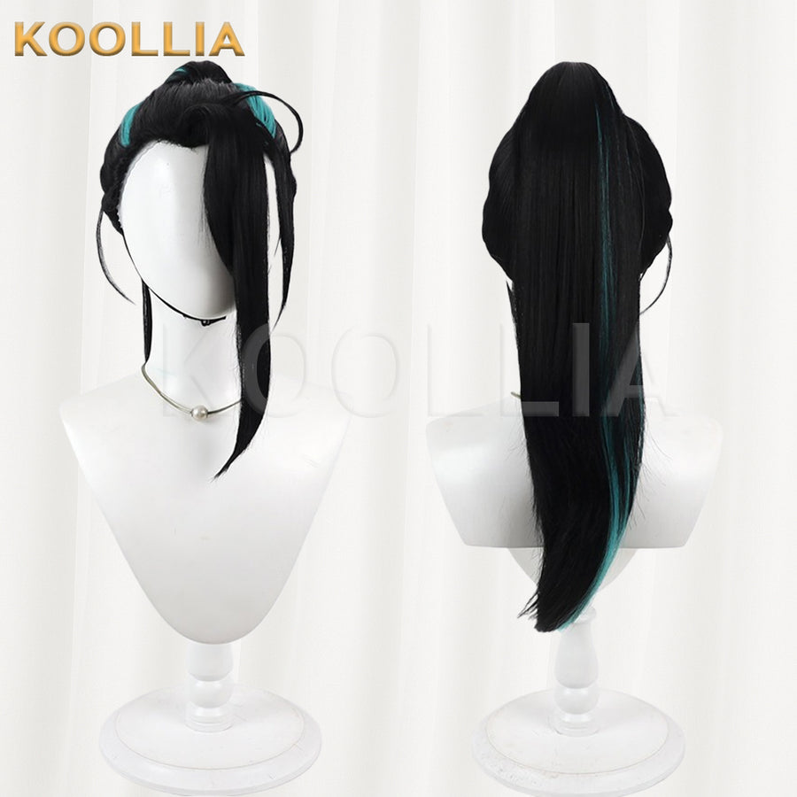 Touken Ranbu Namiheyasu Wig Jet‑Black With Teal‑Blue Highlights Mechanism Hairline Scalp Top Bun Detachable Ponytail Basic Wig