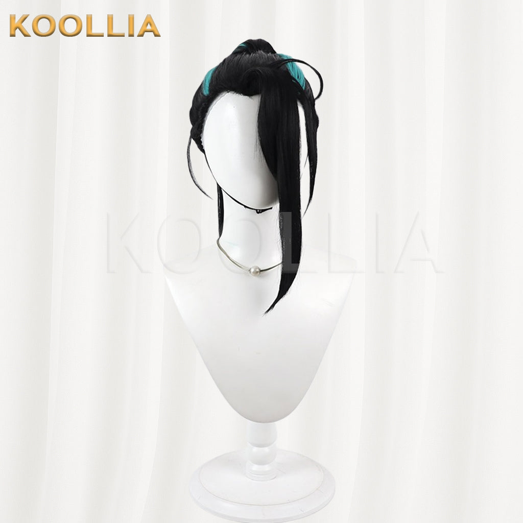 Touken Ranbu Namiheyasu Wig Jet‑Black With Teal‑Blue Highlights Mechanism Hairline Scalp Top Bun Detachable Ponytail Basic Wig