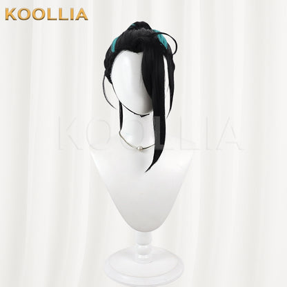 Touken Ranbu Namiheyasu Wig Jet‑Black With Teal‑Blue Highlights Mechanism Hairline Scalp Top Bun Detachable Ponytail Basic Wig