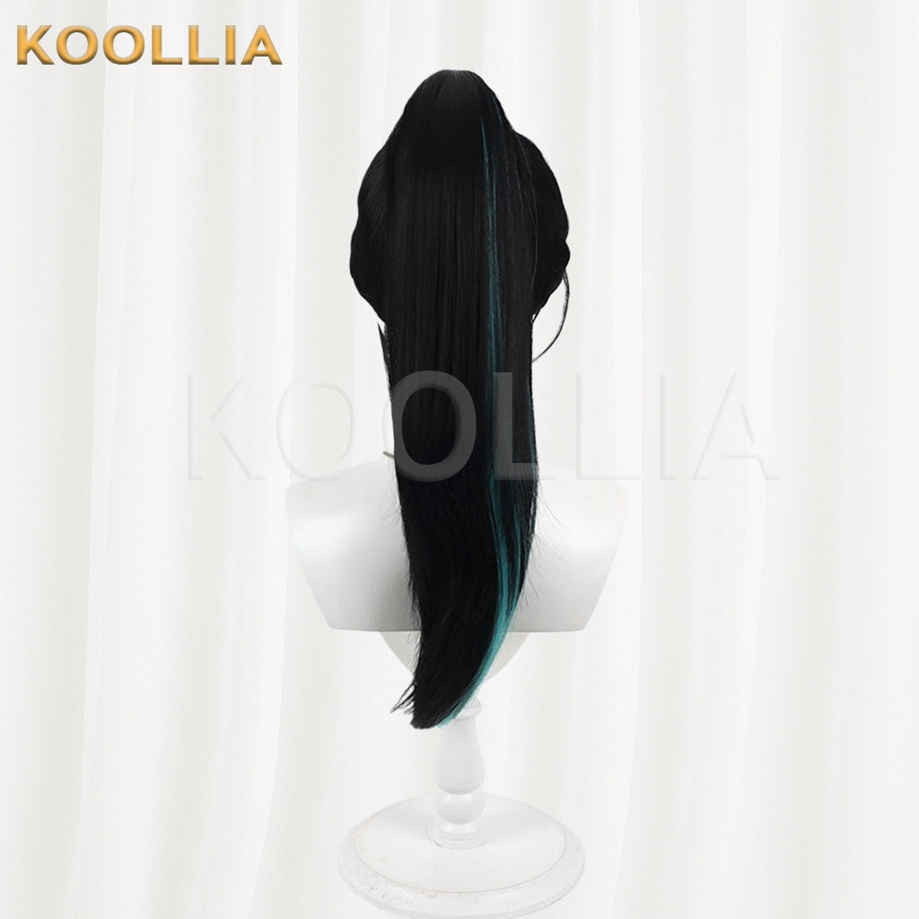 Touken Ranbu Namiheyasu Wig Jet‑Black With Teal‑Blue Highlights Mechanism Hairline Scalp Top Bun Detachable Ponytail Basic Wig