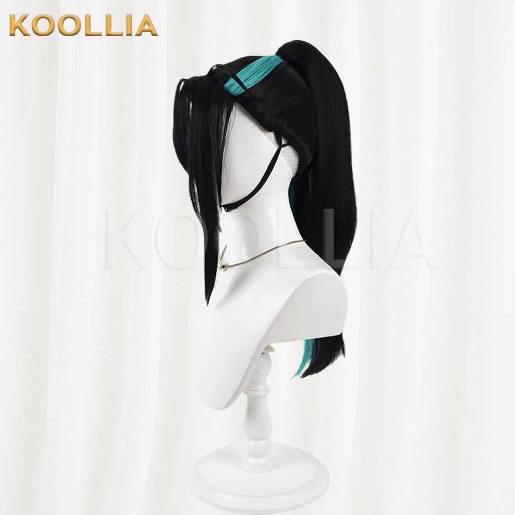 Touken Ranbu Namiheyasu Wig Jet‑Black With Teal‑Blue Highlights Mechanism Hairline Scalp Top Bun Detachable Ponytail Basic Wig
