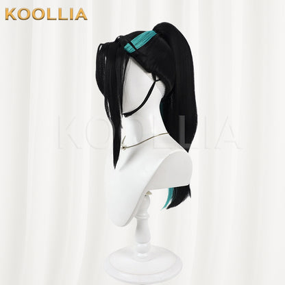 Touken Ranbu Namiheyasu Wig Jet‑Black With Teal‑Blue Highlights Mechanism Hairline Scalp Top Bun Detachable Ponytail Basic Wig