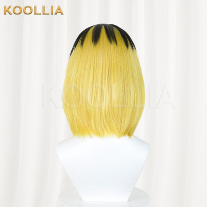 Vtuber Niko Neko Wig Black Golden‑Yellow Two‑Tone Bob Short Hair Realistic Scalp Top Basic Wig
