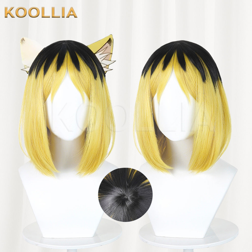 Vtuber Niko Neko Wig Black Golden‑Yellow Two‑Tone Bob Short Hair Realistic Scalp Top Basic Wig