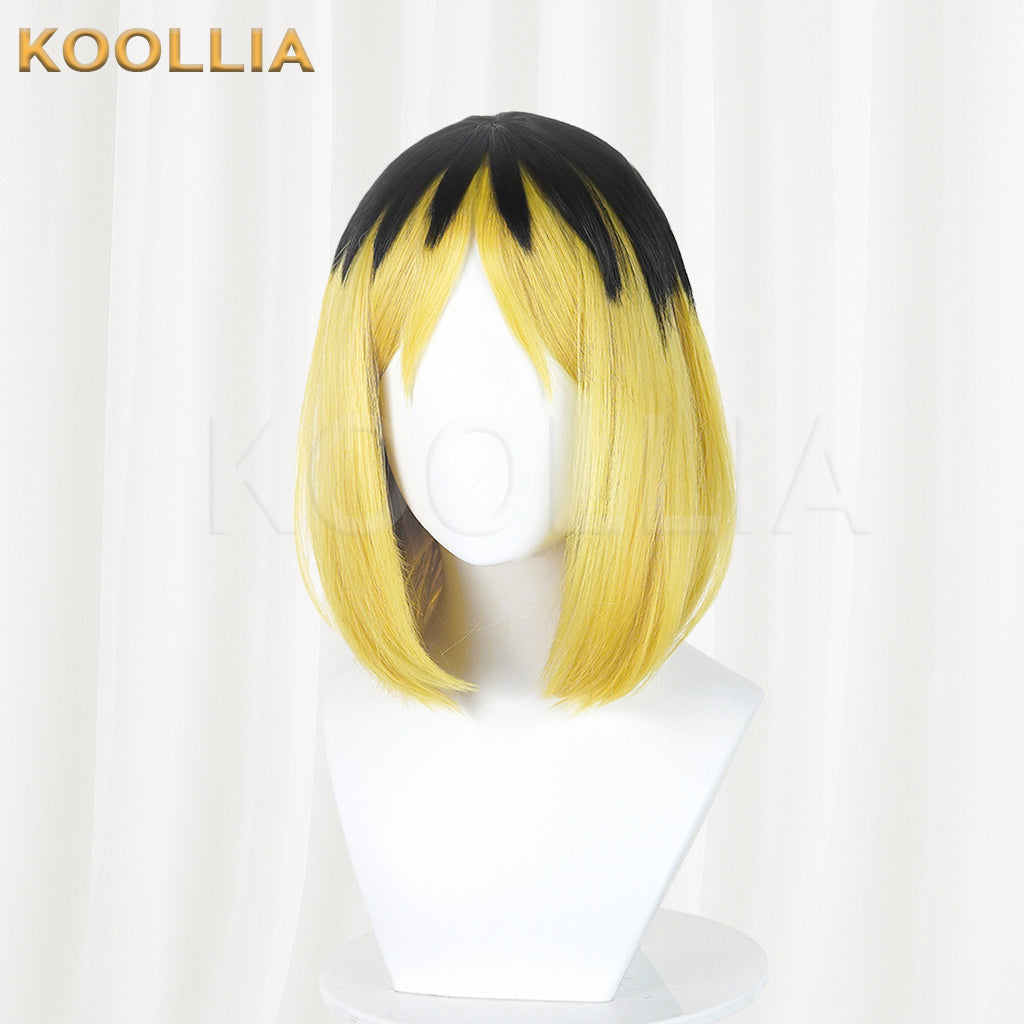 Vtuber Niko Neko Wig Black Golden‑Yellow Two‑Tone Bob Short Hair Realistic Scalp Top Basic Wig