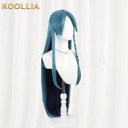 Li Panda Qing Liang Wig Teal‑Cyan Outer Deep‑Navy‑Blue Inner Realistic Scalp Top Extra‑Long Straight With Pre‑Braided Side Braid Basic Wig