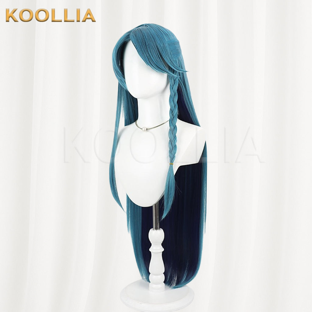 Li Panda Qing Liang Wig Teal‑Cyan Outer Deep‑Navy‑Blue Inner Realistic Scalp Top Extra‑Long Straight With Pre‑Braided Side Braid Basic Wig
