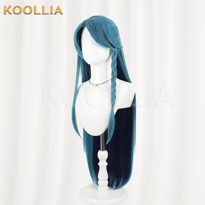 Li Panda Qing Liang Wig Teal‑Cyan Outer Deep‑Navy‑Blue Inner Realistic Scalp Top Extra‑Long Straight With Pre‑Braided Side Braid Basic Wig