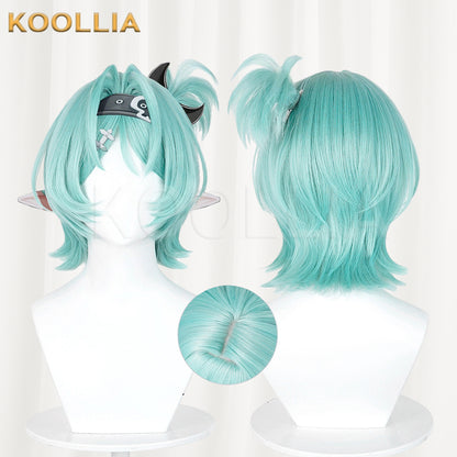 Zenless Zone Zero Roxie Wig Mint Cyan‑Blue Realistic Scalp Top Short Wig With Detachable Alligator‑Clip Ahoge Ponytail Basic Wig