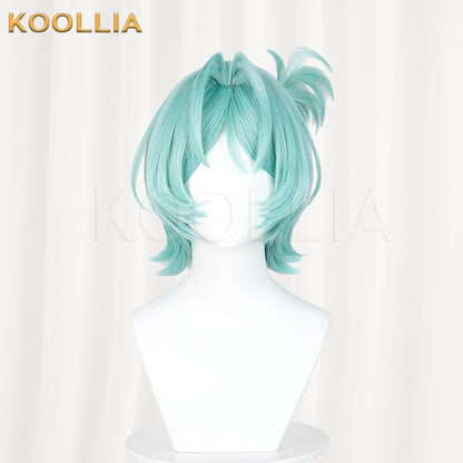Zenless Zone Zero Roxie Wig Mint Cyan‑Blue Realistic Scalp Top Short Wig With Detachable Alligator‑Clip Ahoge Ponytail Basic Wig
