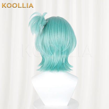 Zenless Zone Zero Roxie Wig Mint Cyan‑Blue Realistic Scalp Top Short Wig With Detachable Alligator‑Clip Ahoge Ponytail Basic Wig