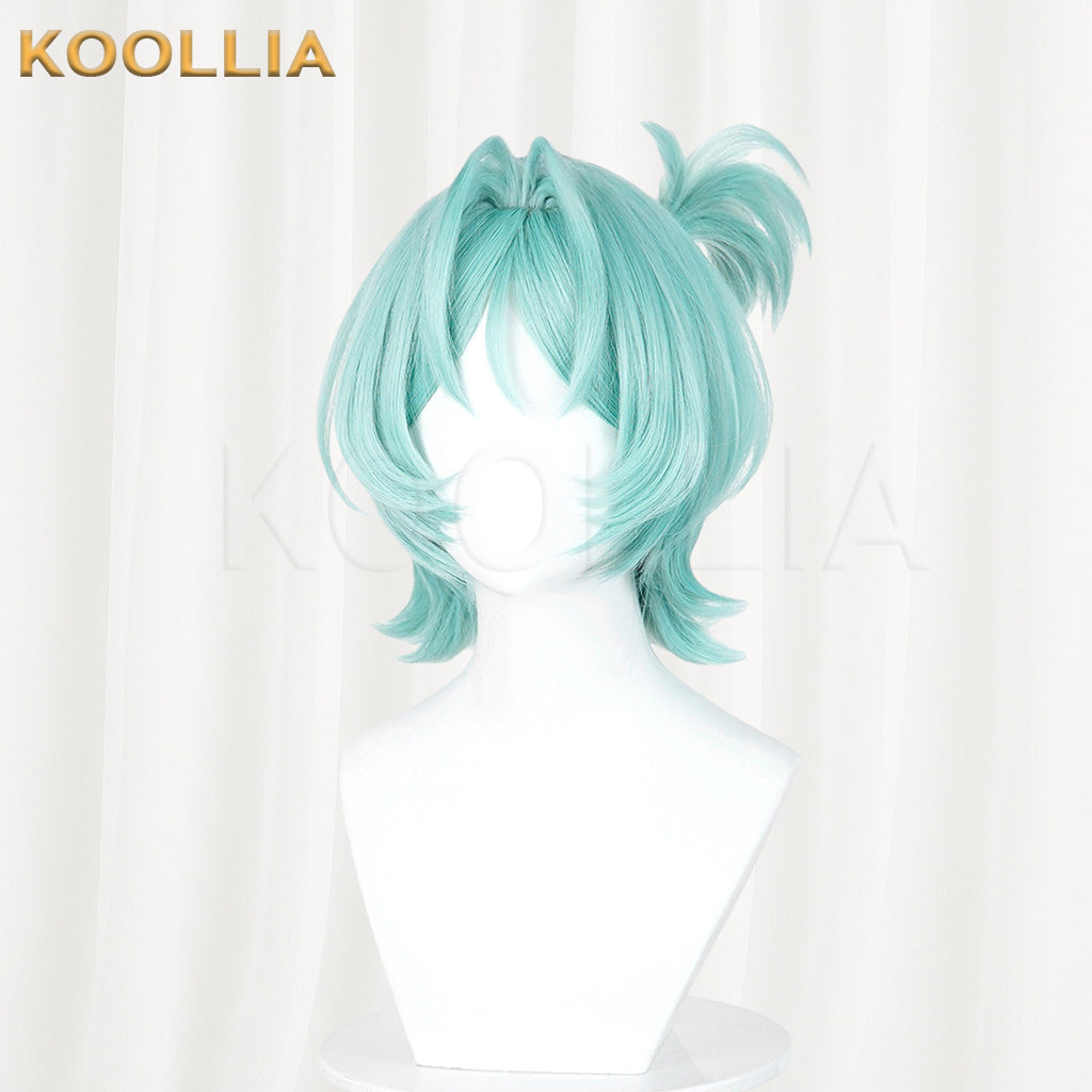 Zenless Zone Zero Roxie Wig Mint Cyan‑Blue Realistic Scalp Top Short Wig With Detachable Alligator‑Clip Ahoge Ponytail Basic Wig