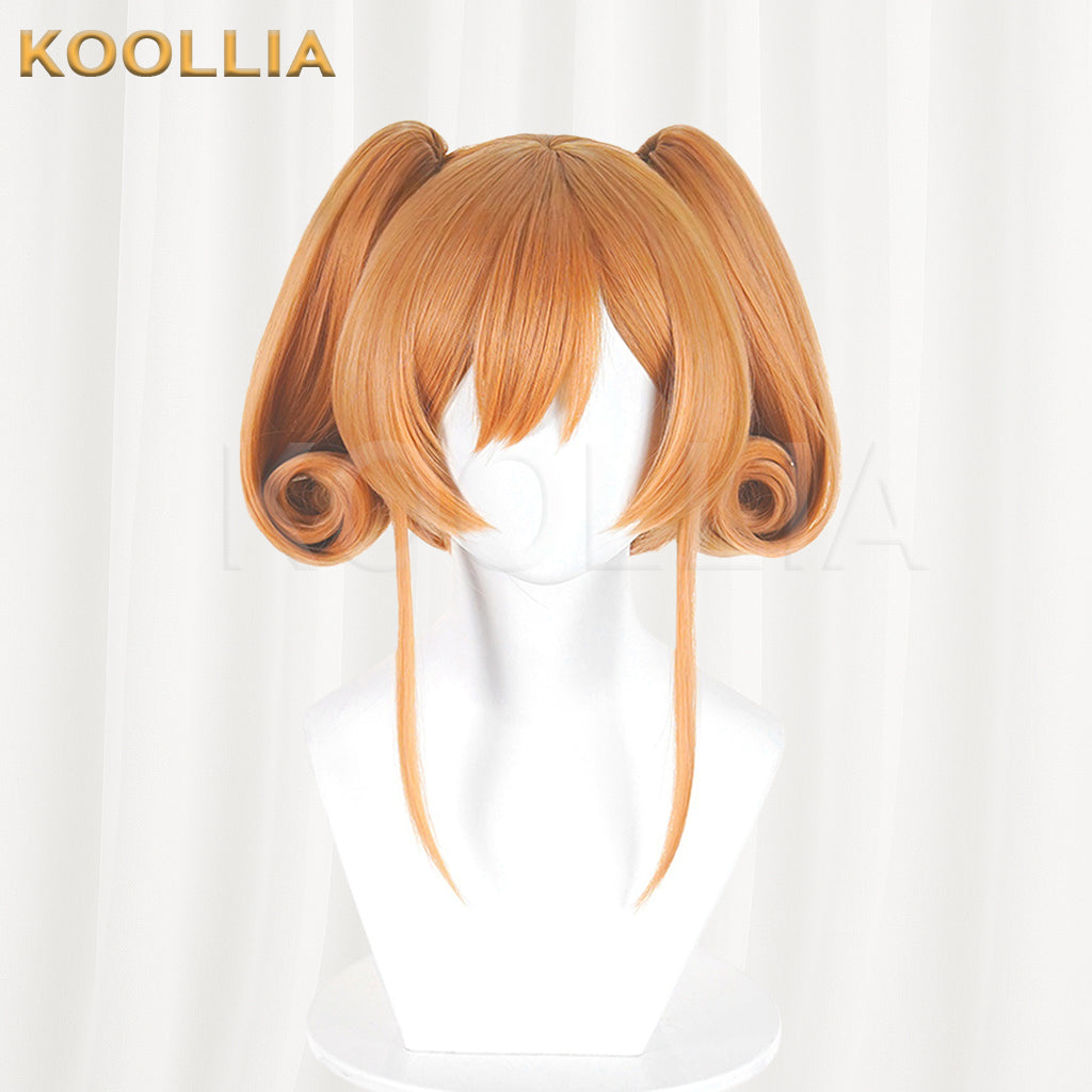 Puella Magi Madoka Magica Walpurgisnacht Rising Therese Wig Warm Orange Realistic Scalp Top Short Wig With Jaw‑Clip Ring‑Curl Twin Tails Basic Wig