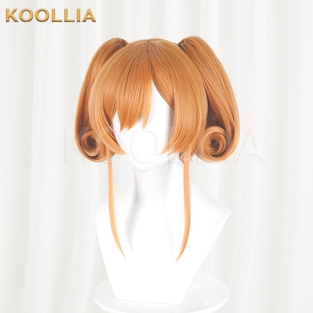 Puella Magi Madoka Magica Walpurgisnacht Rising Therese Wig Warm Orange Realistic Scalp Top Short Wig With Jaw‑Clip Ring‑Curl Twin Tails Basic Wig
