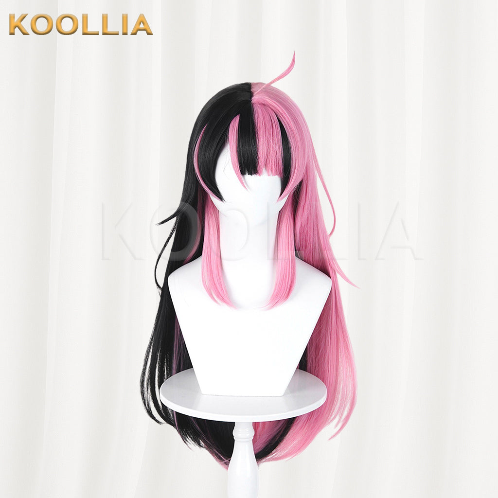 BangDream MewType Sengoku Yuno Wig Half‑Black Half‑Pink Split Color Realistic Scalp Top Long Straight Wig Basic Wig
