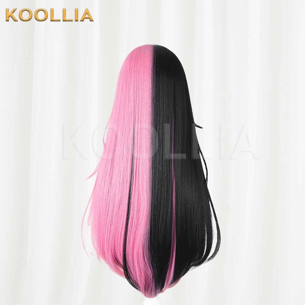 BangDream MewType Sengoku Yuno Wig Half‑Black Half‑Pink Split Color Realistic Scalp Top Long Straight Wig Basic Wig