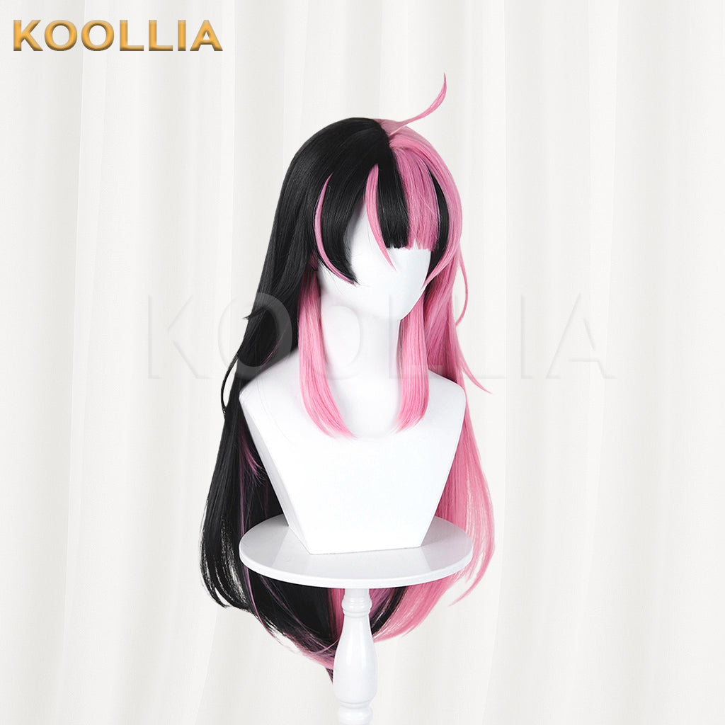 BangDream MewType Sengoku Yuno Wig Half‑Black Half‑Pink Split Color Realistic Scalp Top Long Straight Wig Basic Wig