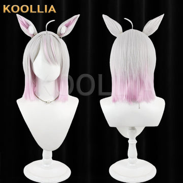 Virtual Vtuber Tanaka Hime Wig Silver Pink Gradient Realistic Scalp Top Medium Straight Wig With Detachable Plush Beast Ears Basic Wig
