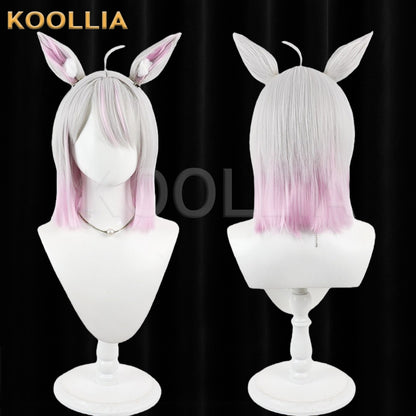Virtual Vtuber Tanaka Hime Wig Silver Pink Gradient Realistic Scalp Top Medium Straight Wig With Detachable Plush Beast Ears Basic Wig