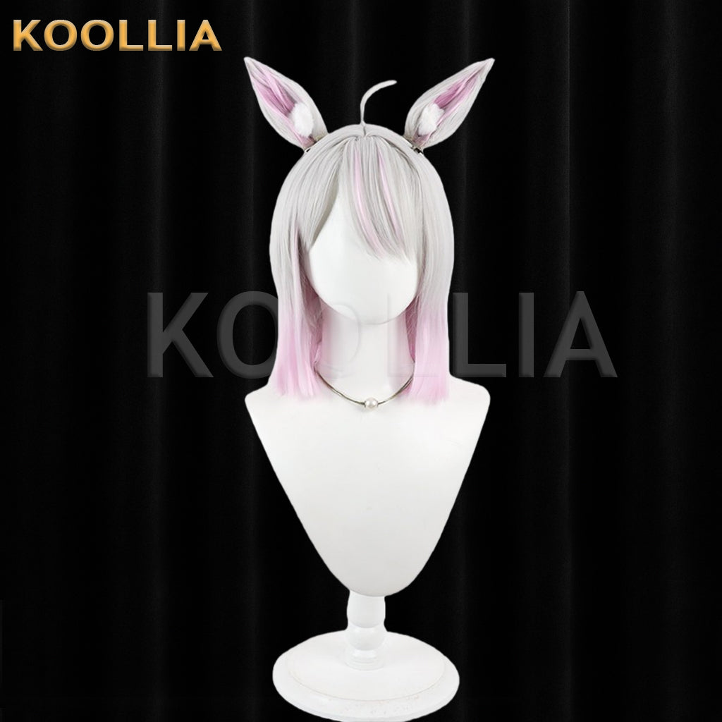 Virtual Vtuber Tanaka Hime Wig Silver Pink Gradient Realistic Scalp Top Medium Straight Wig With Detachable Plush Beast Ears Basic Wig
