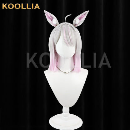 Virtual Vtuber Tanaka Hime Wig Silver Pink Gradient Realistic Scalp Top Medium Straight Wig With Detachable Plush Beast Ears Basic Wig