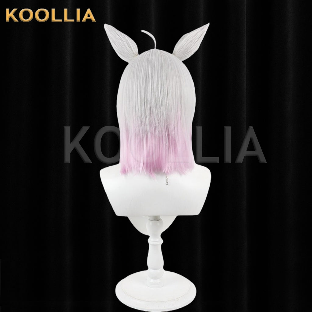 Virtual Vtuber Tanaka Hime Wig Silver Pink Gradient Realistic Scalp Top Medium Straight Wig With Detachable Plush Beast Ears Basic Wig