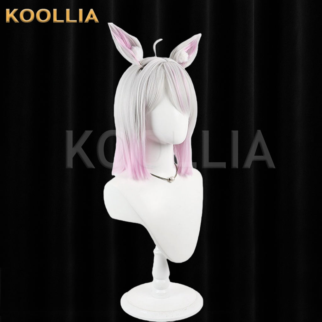 Virtual Vtuber Tanaka Hime Wig Silver Pink Gradient Realistic Scalp Top Medium Straight Wig With Detachable Plush Beast Ears Basic Wig