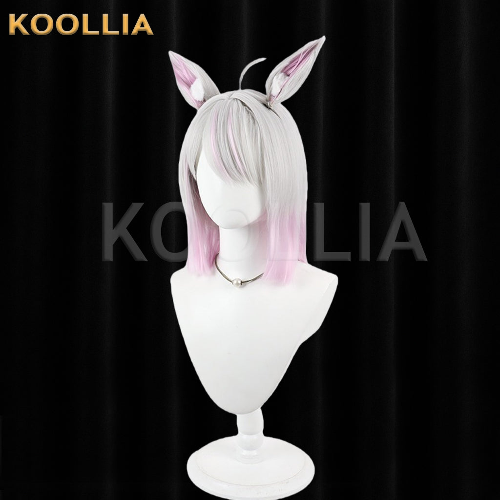 Virtual Vtuber Tanaka Hime Wig Silver Pink Gradient Realistic Scalp Top Medium Straight Wig With Detachable Plush Beast Ears Basic Wig