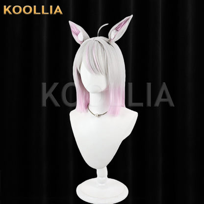 Virtual Vtuber Tanaka Hime Wig Silver Pink Gradient Realistic Scalp Top Medium Straight Wig With Detachable Plush Beast Ears Basic Wig