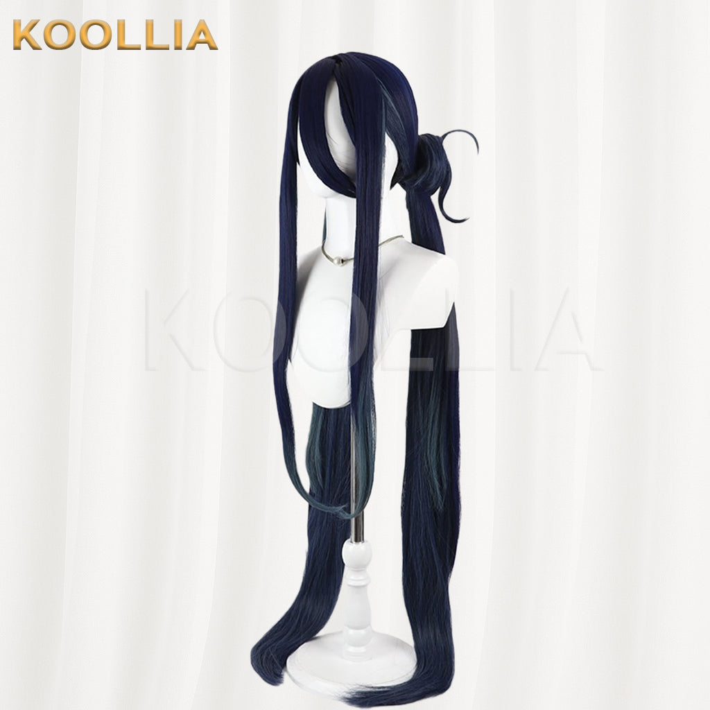 Blue Archive Tendo Alice Wig Navy‑Blue Teal Gradient Realistic Scalp Top Detachable Buns Twin Tails Basic Wig