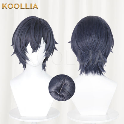 Genshin Impact Valery Wig Dark‑Navy Grey‑Blue Realistic Scalp Top Layered Flipped‑Out Short Wig Basic Wig