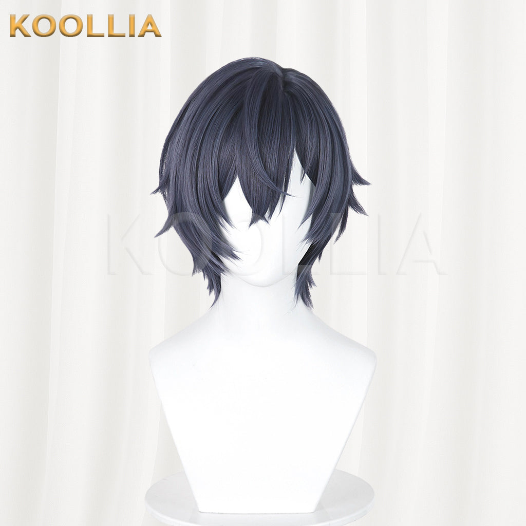 Genshin Impact Valery Wig Dark‑Navy Grey‑Blue Realistic Scalp Top Layered Flipped‑Out Short Wig Basic Wig