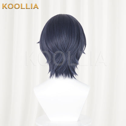 Genshin Impact Valery Wig Dark‑Navy Grey‑Blue Realistic Scalp Top Layered Flipped‑Out Short Wig Basic Wig