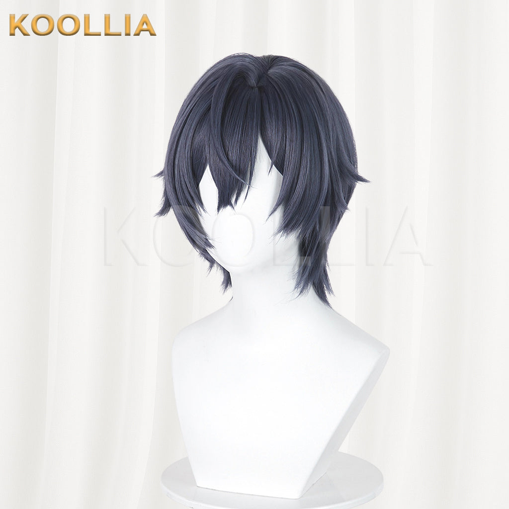 Genshin Impact Valery Wig Dark‑Navy Grey‑Blue Realistic Scalp Top Layered Flipped‑Out Short Wig Basic Wig
