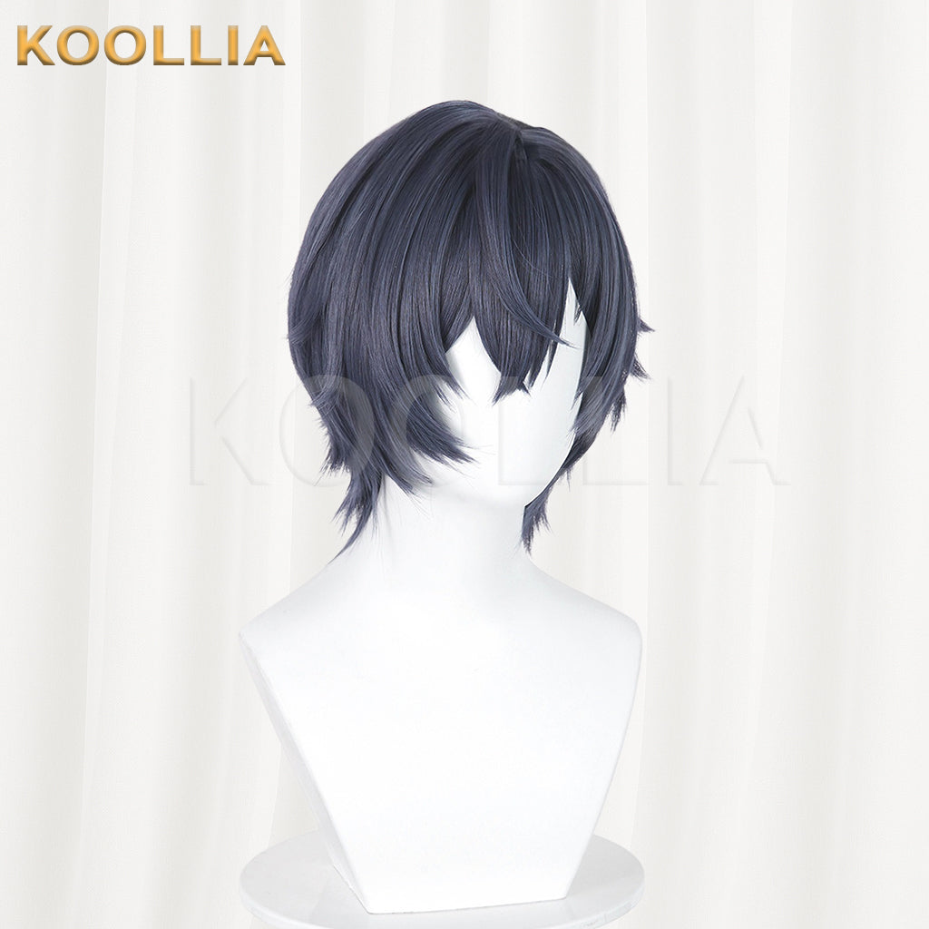 Genshin Impact Valery Wig Dark‑Navy Grey‑Blue Realistic Scalp Top Layered Flipped‑Out Short Wig Basic Wig