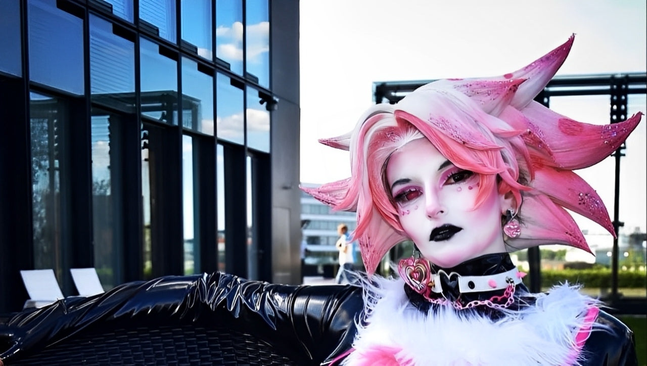 Cosplayer wearing a vibrant Koollia pink spiky wig, paired with dark gothic makeup and a black latex jacket outdoors.