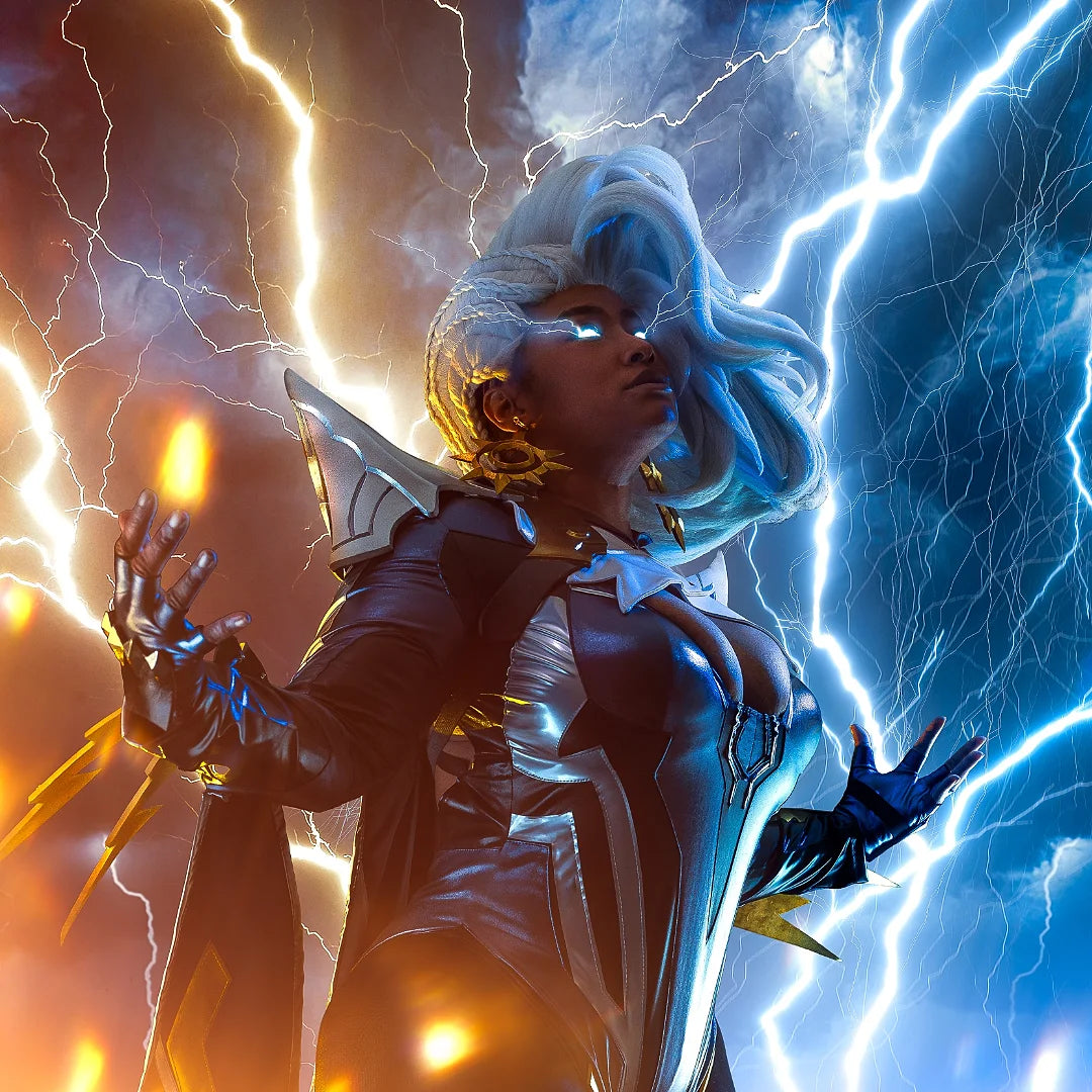 "High-quality Marvel X-Men Storm cosplay costume by Koollia, featuring the iconic superhero bodysuit, white wig, and glowing eyes surrounded by realistic lightning special effects."