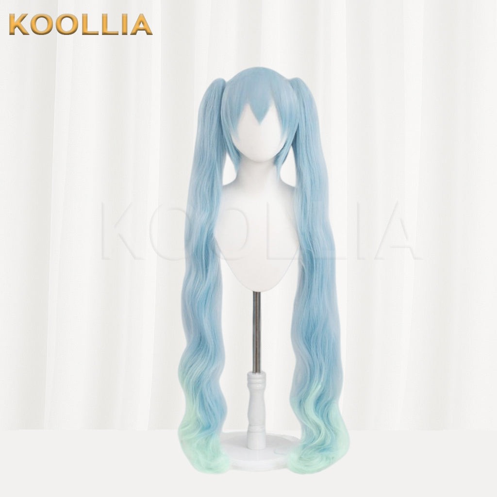 Koollia Hatsune Miku basic cosplay wig in aqua blue with long twin tails and soft wave ends.