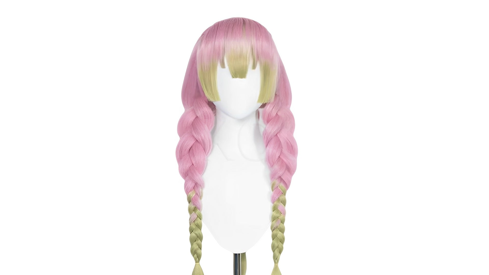 "Standard Mitsuri Kanroji cosplay wig from Demon Slayer by Koollia, featuring a high-quality pink and green gradient braided hair design on a white mannequin head with a clean white background."