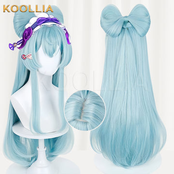 Koollia Genshin Impact Mizuki long light blue cosplay wig with large back bow and purple headband, front and back view with cap parting detail