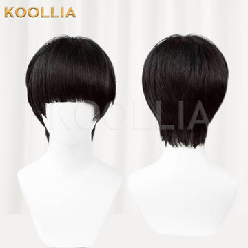 A live model wearing the short black straight cosplay wig paired with a casual beige shirt, shown from a low rear-side angle with a yellow outdoor background. The wig features natural black straight hair with soft middle-parted bangs, accurately representing Mob's signature hairstyle from Mob Psycho 100. The KOOLLIA brand logo is visible in the lower-left corner.