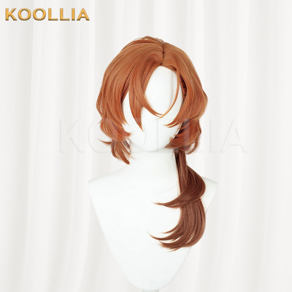 Front view of the orange Nakahara Chuuya cosplay wig from Bungo Stray Dogs, featuring styled layered bangs and a long side tail on a white mannequin head.