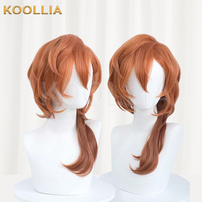 Front and side views of the Nakahara Chuuya cosplay wig from Bungo Stray Dogs, featuring layered orange hair and a long side tail on mannequins.