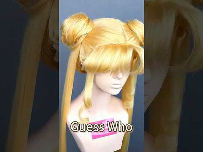 DIY styling tutorial showing a long blonde base cosplay wig being transformed into Sailor Moon's signature hairstyle with twin buns, curled bangs, and long twin tails with curled ends.