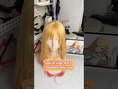 DIY styling tutorial showing a long blonde base cosplay wig being transformed into a Marin Kitagawa-inspired hairstyle with layered bangs, face-framing strands, and coral-pink ombré ends.