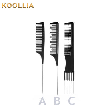 Professional cosplay wig styling comb set by Koollia, featuring black rat tail combs and a metal lift pick comb labeled A, B, and C on a clean white background.