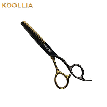 Professional hair thinning shears for cosplay wig styling by Koollia, featuring a premium black and gold texturizing scissors design on a clean white background.