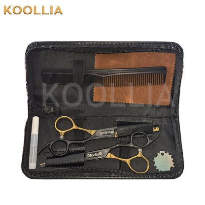"Professional cosplay wig trimming scissors kit by Koollia, featuring black and gold shears, a hair comb, and maintenance accessories organized in a black zippered leather case."