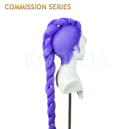 A detailed side view of the premium Rumi cosplay wig from the Koollia Commission Series, showcasing the purple lace front hairline, thick single braid, and side pearl accessories on a white mannequin.